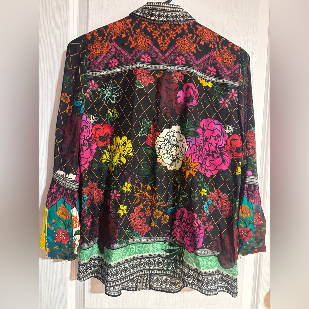 Alice+Olivia Silk Cotton Ruffle Sleeve Floral Collared Colourful Button Down Top - Picture 12 of 14